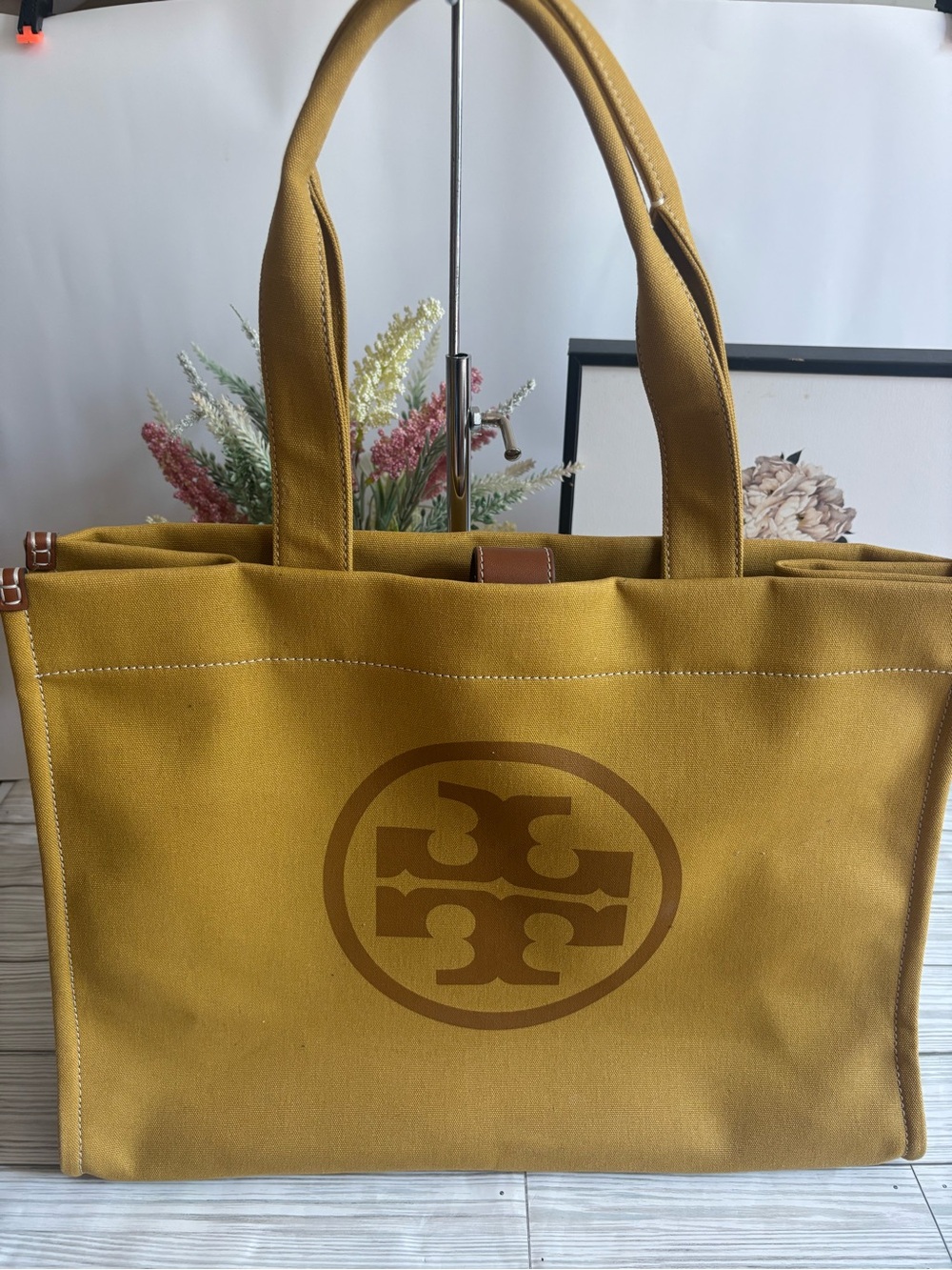 Tory Burch Ella Mustard Canvas Logo Tote